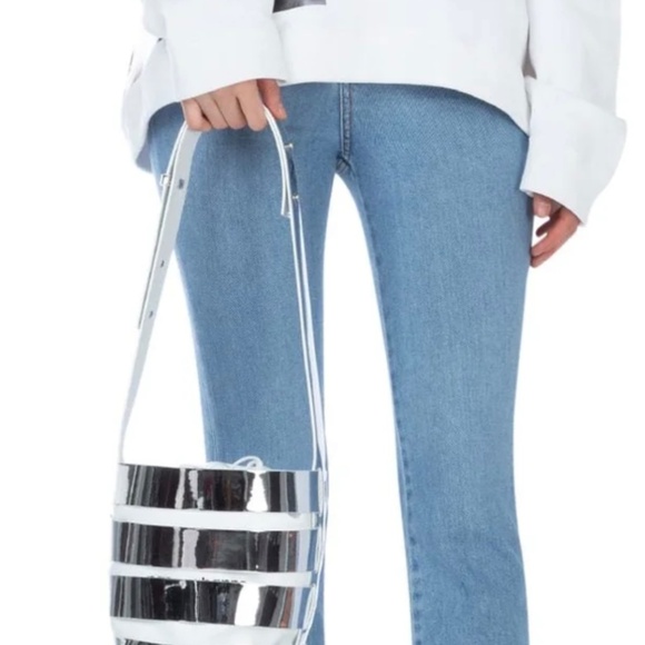 PACO RABANNE Silver Metallic Mirror Cage Faux Leather Large Bucket Bag - Picture 11 of 15